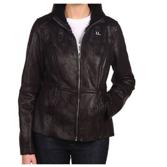 DKNY Bomber Jacket Size L Vegan Faux Shearling Leather...